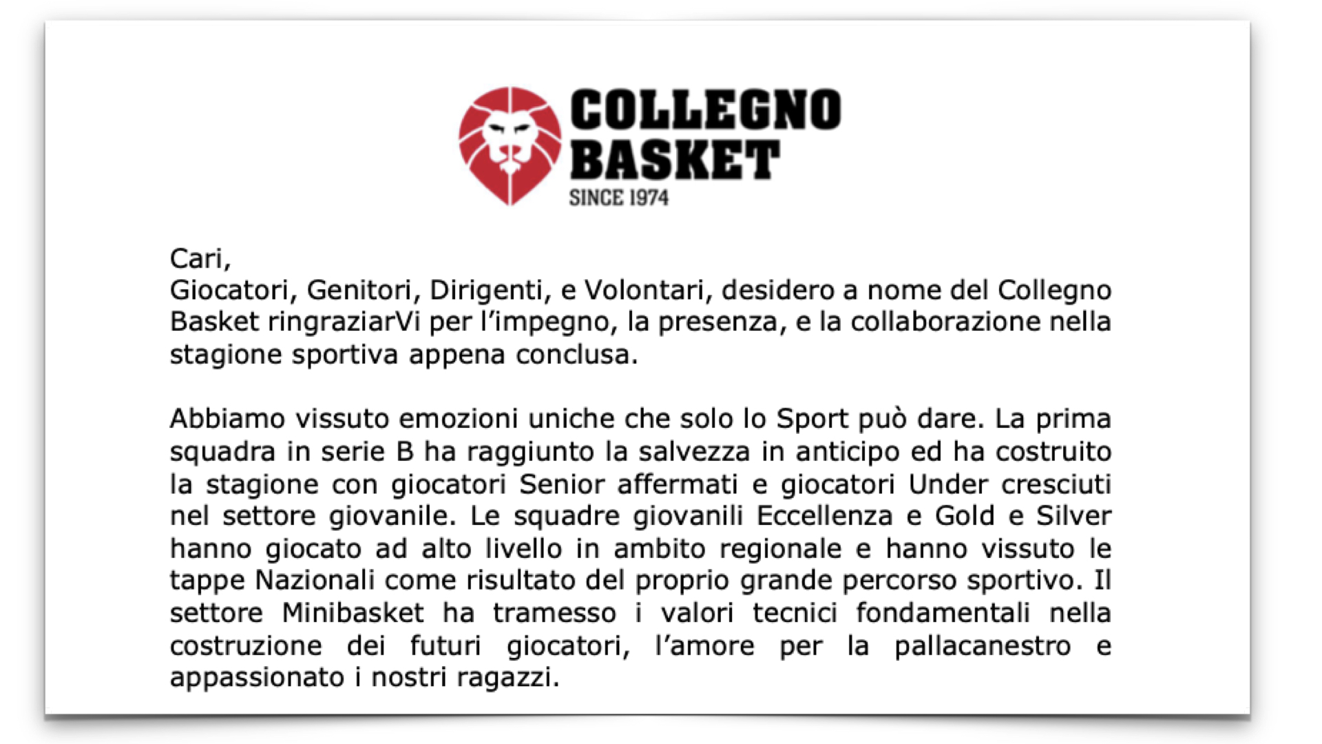 LETTERA DEL PRESIDENTE MILONE